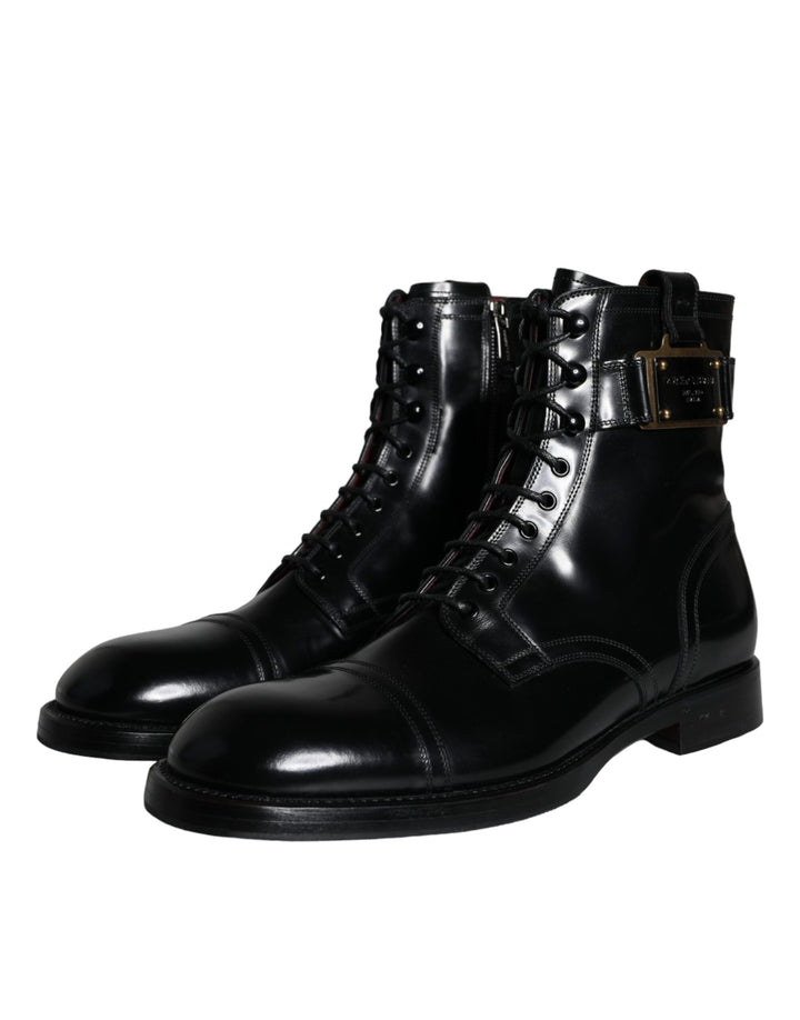 Dolce & Gabbana Schwarz Logo Lace Up Mid Calf Männer Stiefel Schuhe