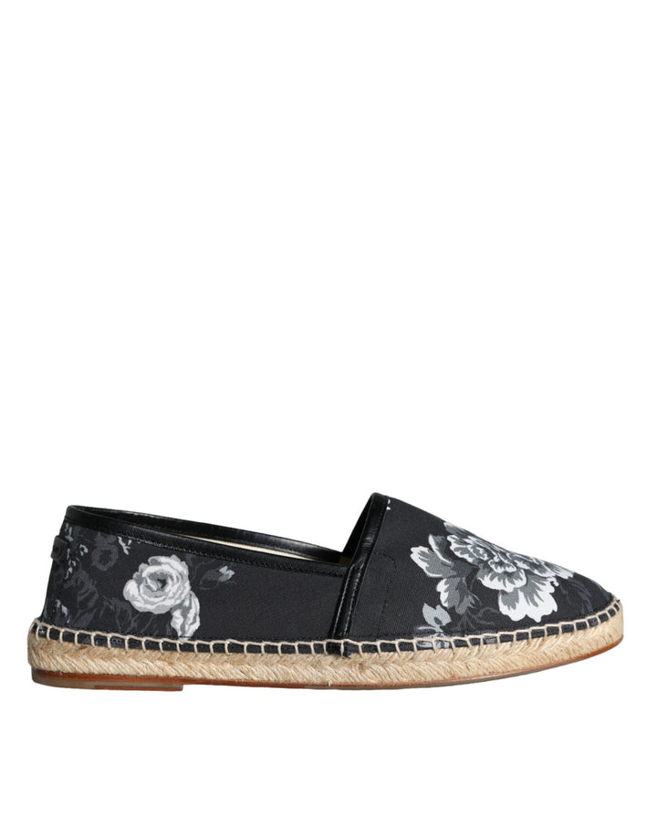 Dolce & Gabbana Schwarze Espadrilles aus Baumwolle und Leder mit Blumenmuster