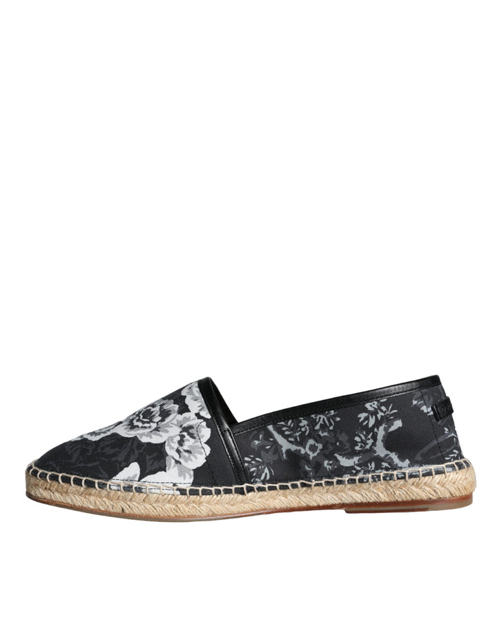 Dolce & Gabbana Schwarze Espadrilles aus Baumwolle und Leder mit Blumenmuster