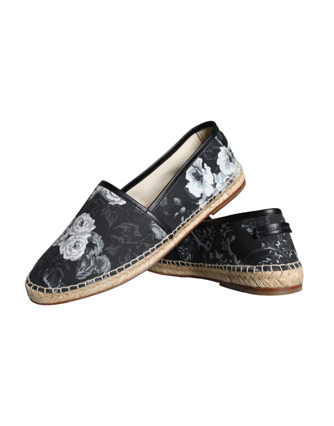 Dolce & Gabbana Schwarze Espadrilles aus Baumwolle und Leder mit Blumenmuster