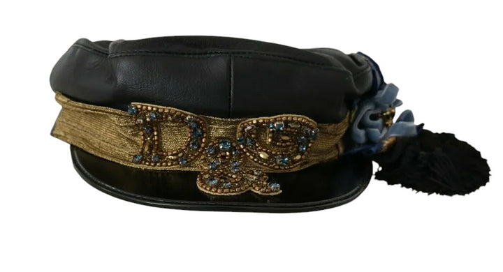 Schwarzes Leder Crystal Beads Gold Ribbon Fiddler Cap