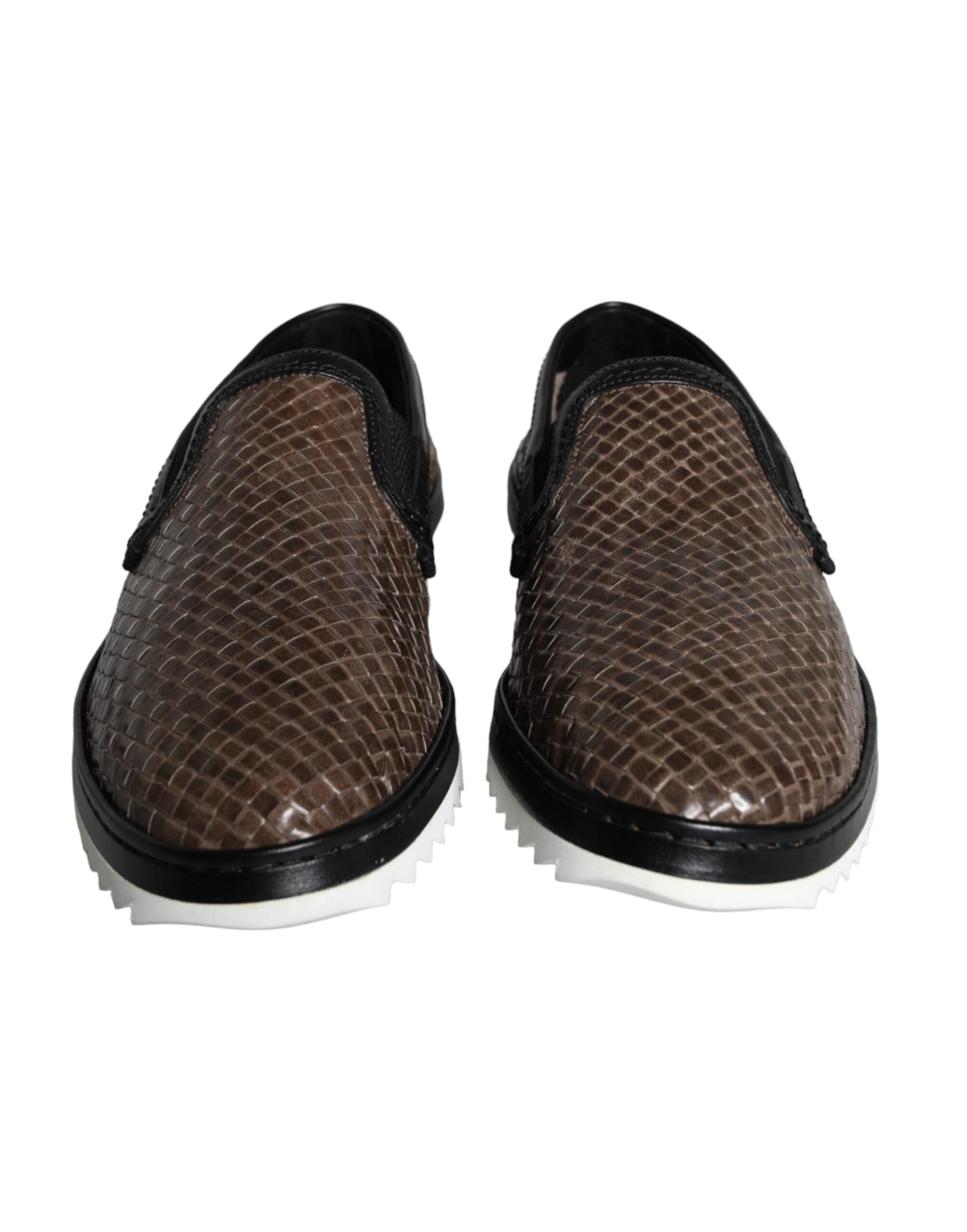 Brown Black Leather Woven Men Loafers Shoes