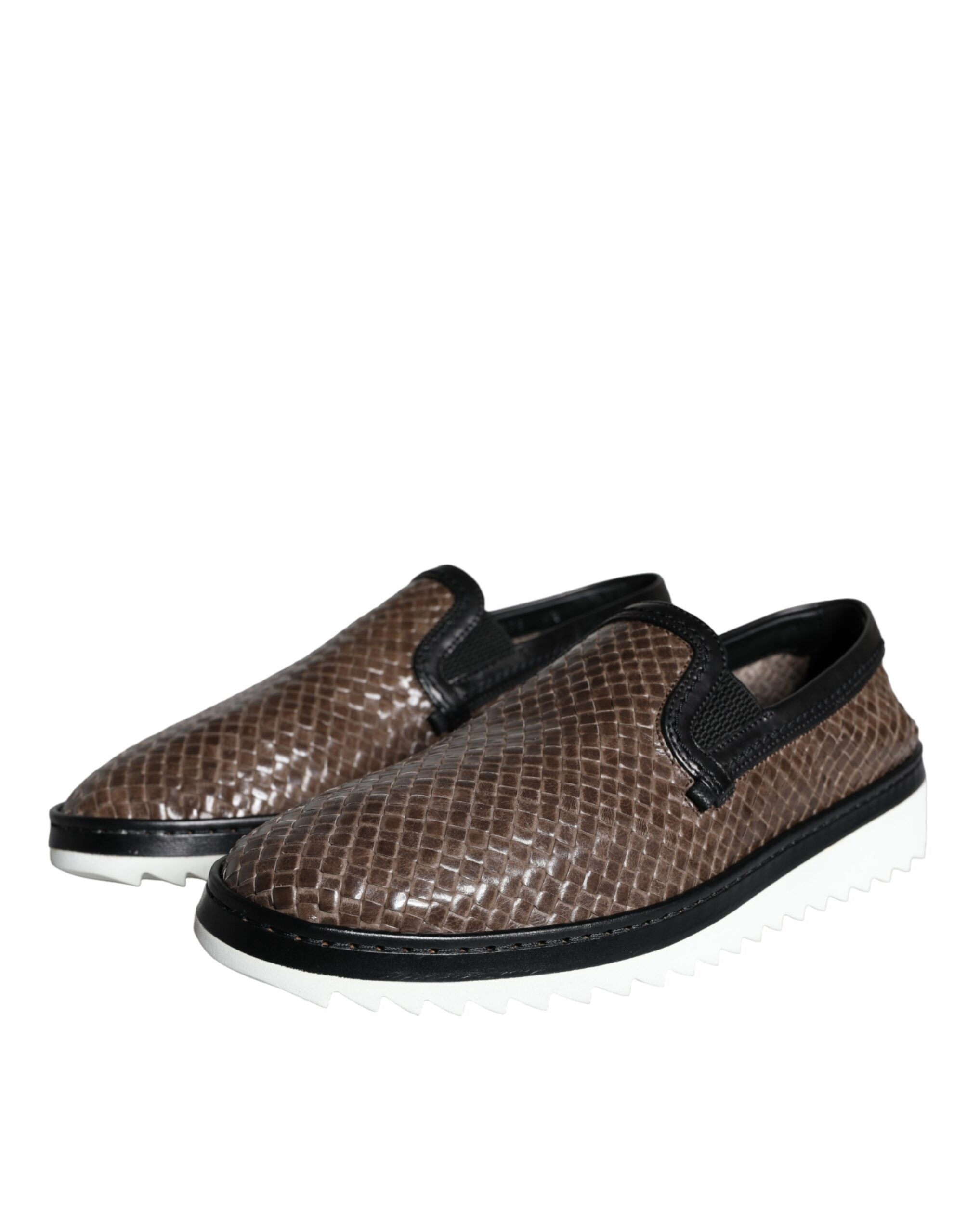 Brown Black Leather Woven Men Loafers Shoes