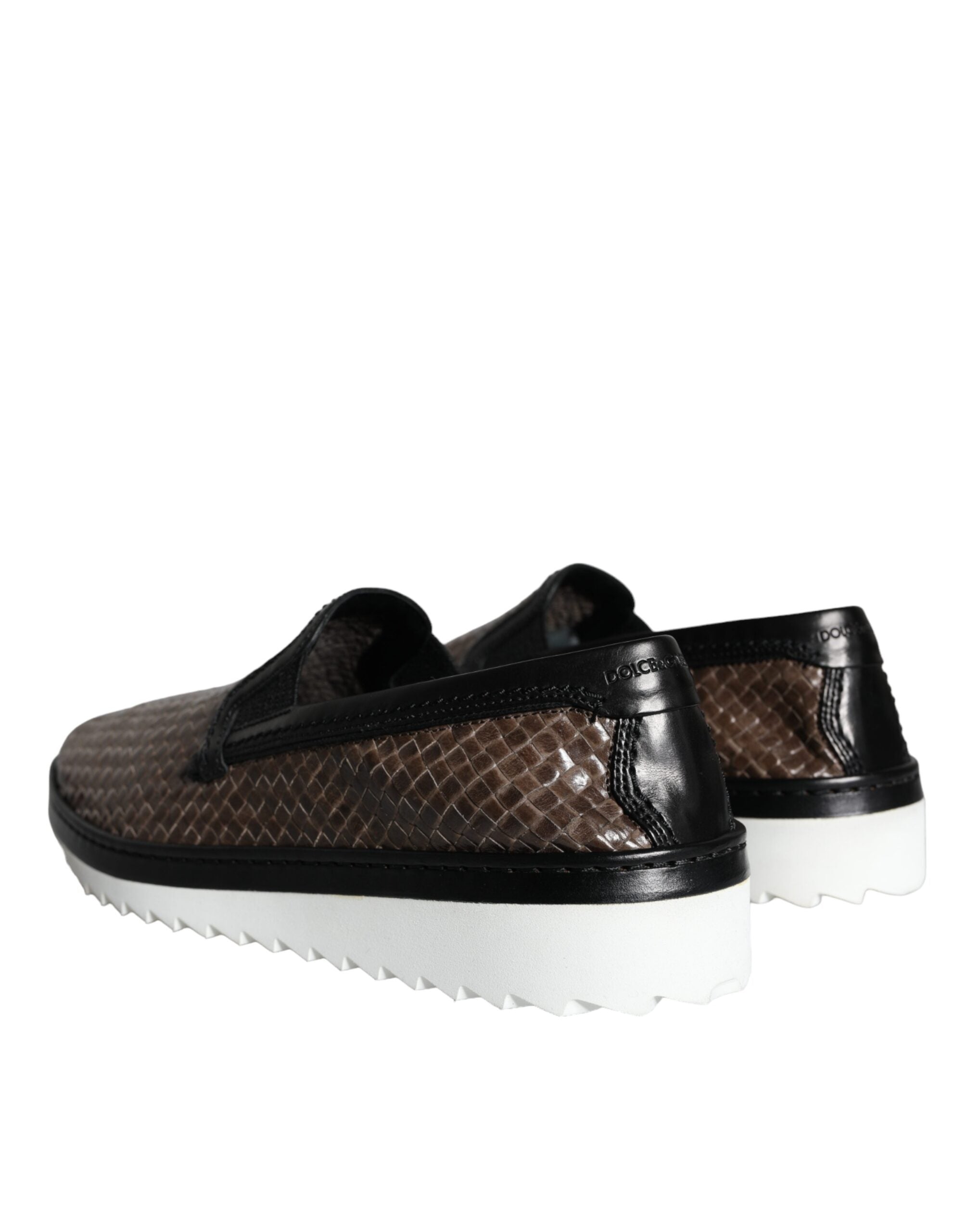Brown Black Leather Woven Men Loafers Shoes
