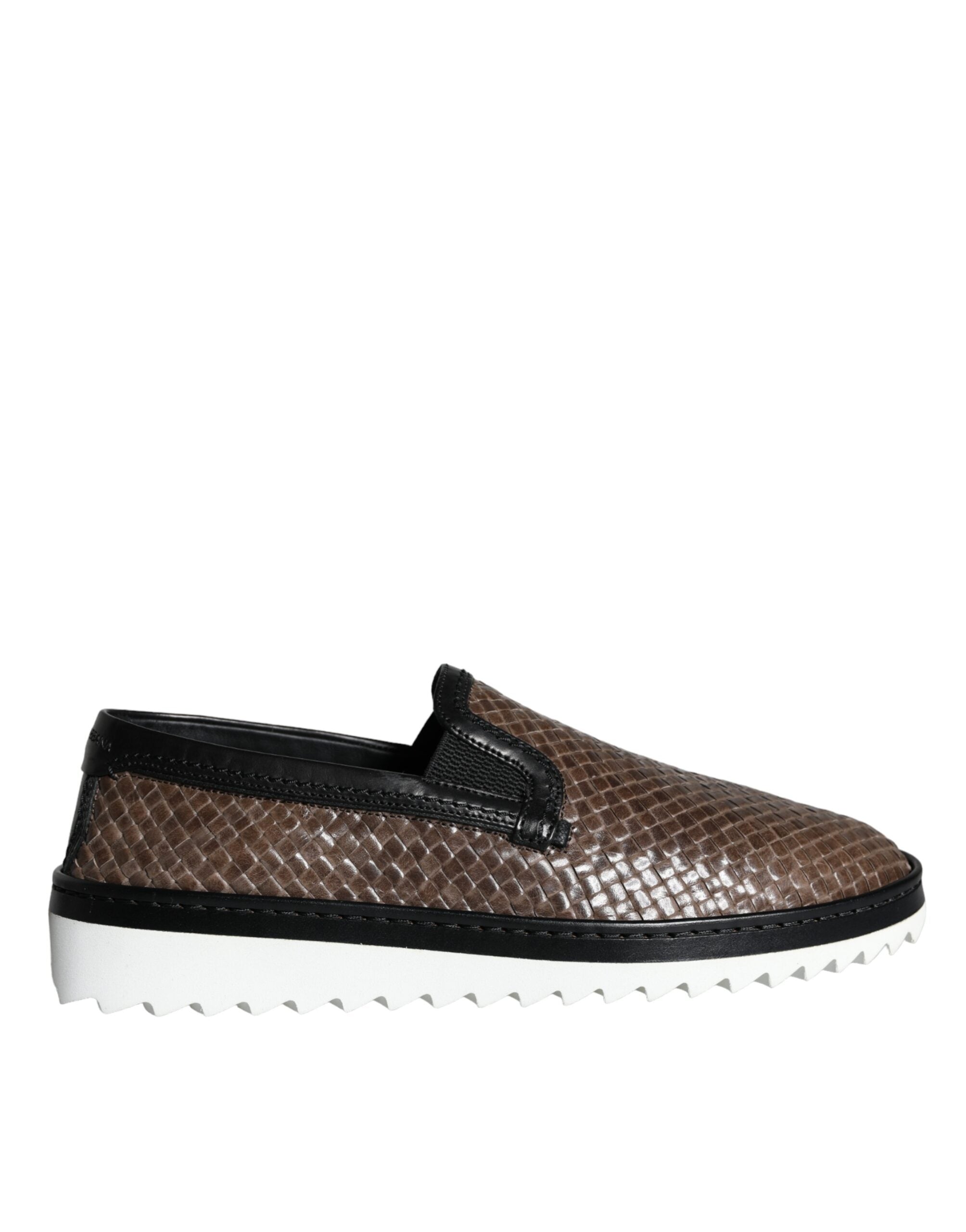 Brown Black Leather Woven Men Loafers Shoes