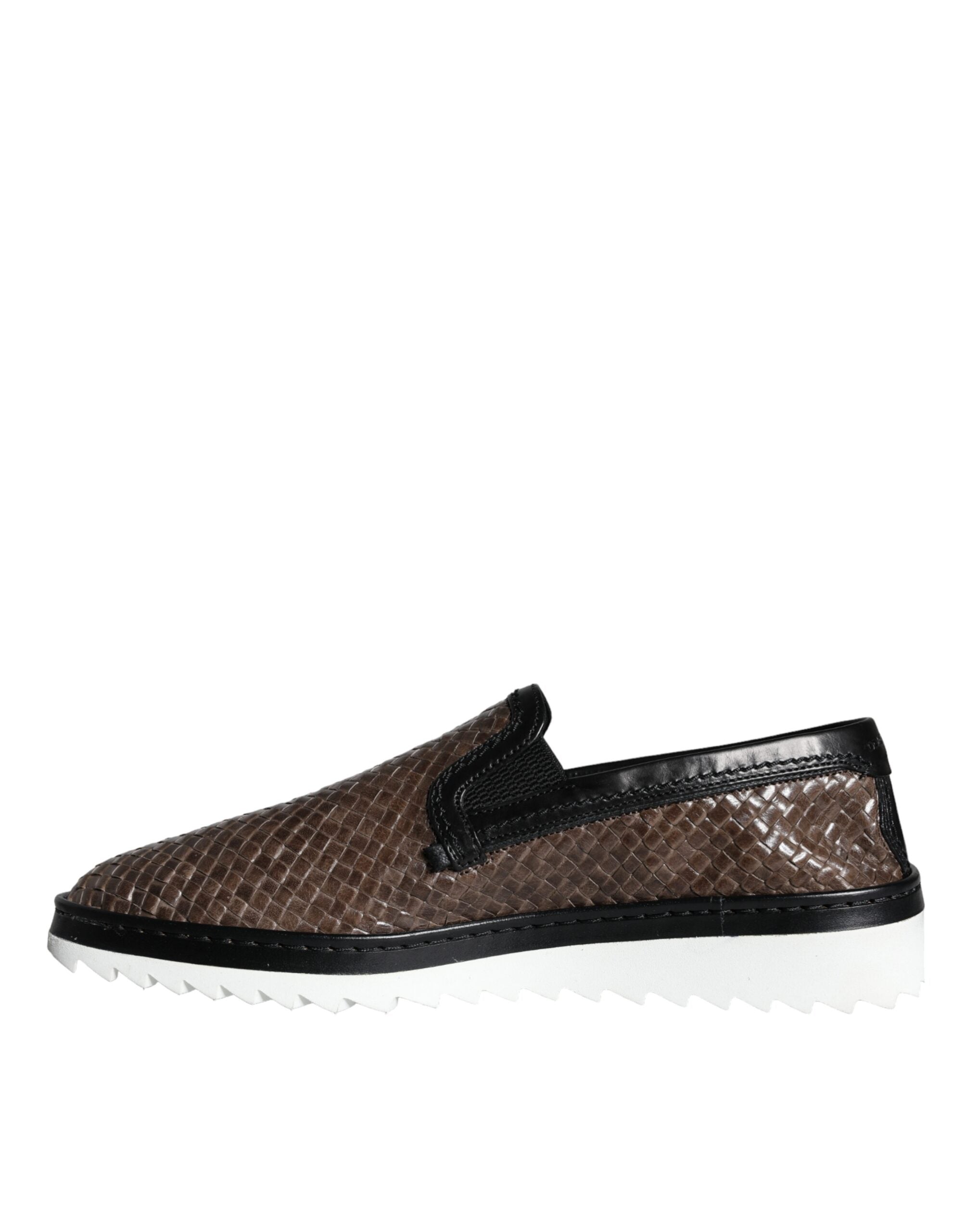 Brown Black Leather Woven Men Loafers Shoes