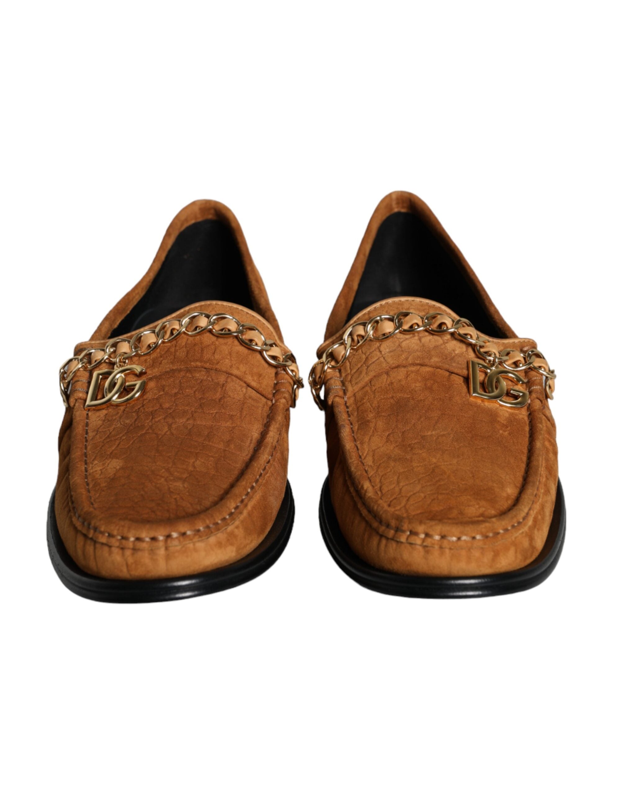Brown velvet leather logo moccasin slip-on shoes