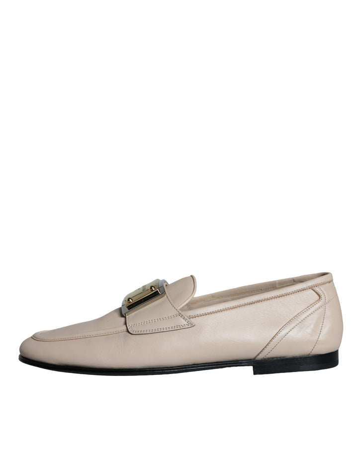 Dolce & Gabbana Beige Leder Logo Plaque Slip On Männer Loafers Schuhe