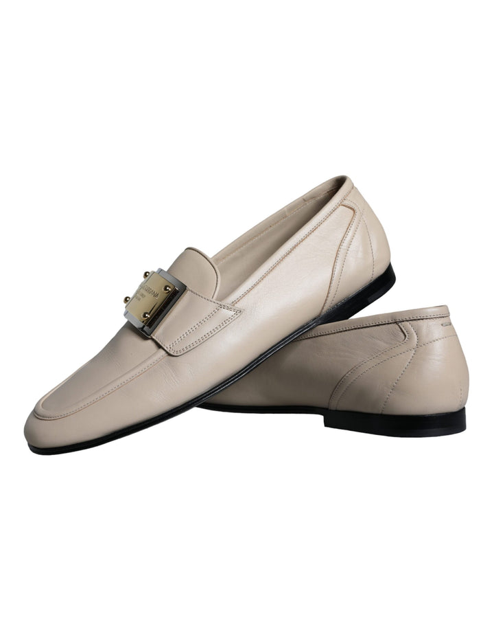 Dolce & Gabbana Beige Leder Logo Plaque Slip On Männer Loafers Schuhe