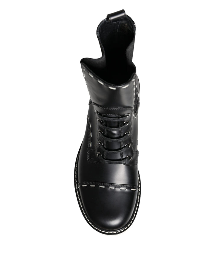 Dolce & Gabbana Schwarze Leder Combat Mid Calf Stiefel Schuhe