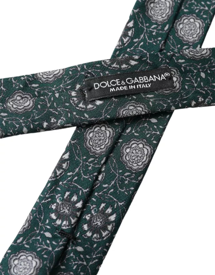 Green silk tie with floral print, adjustable