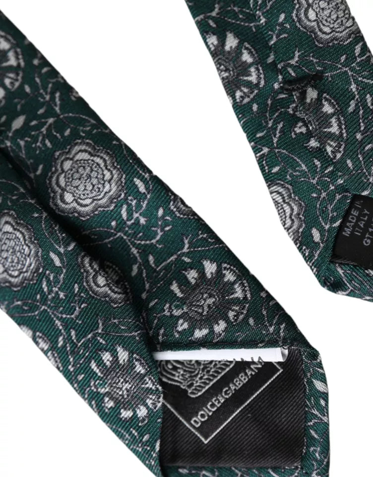 Green silk tie with floral print, adjustable