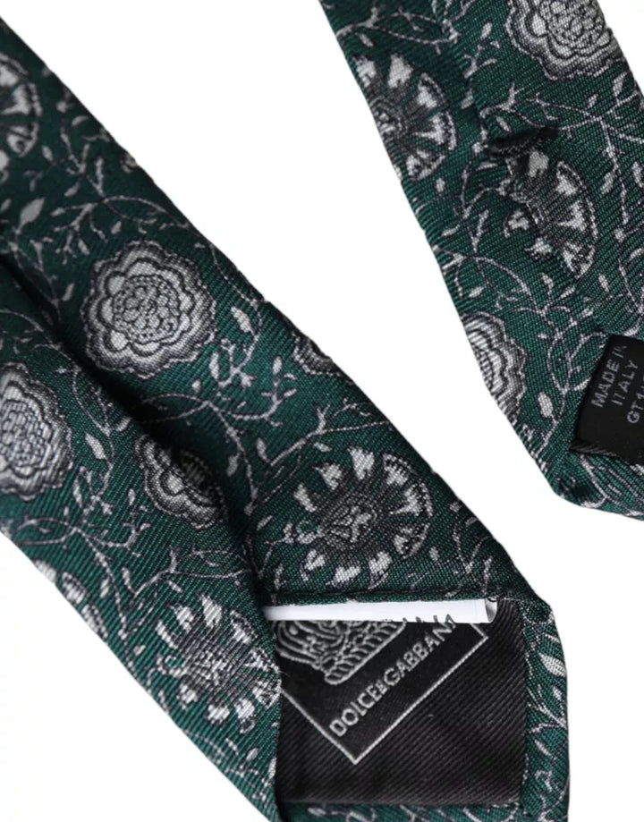 Green silk tie with floral print, adjustable