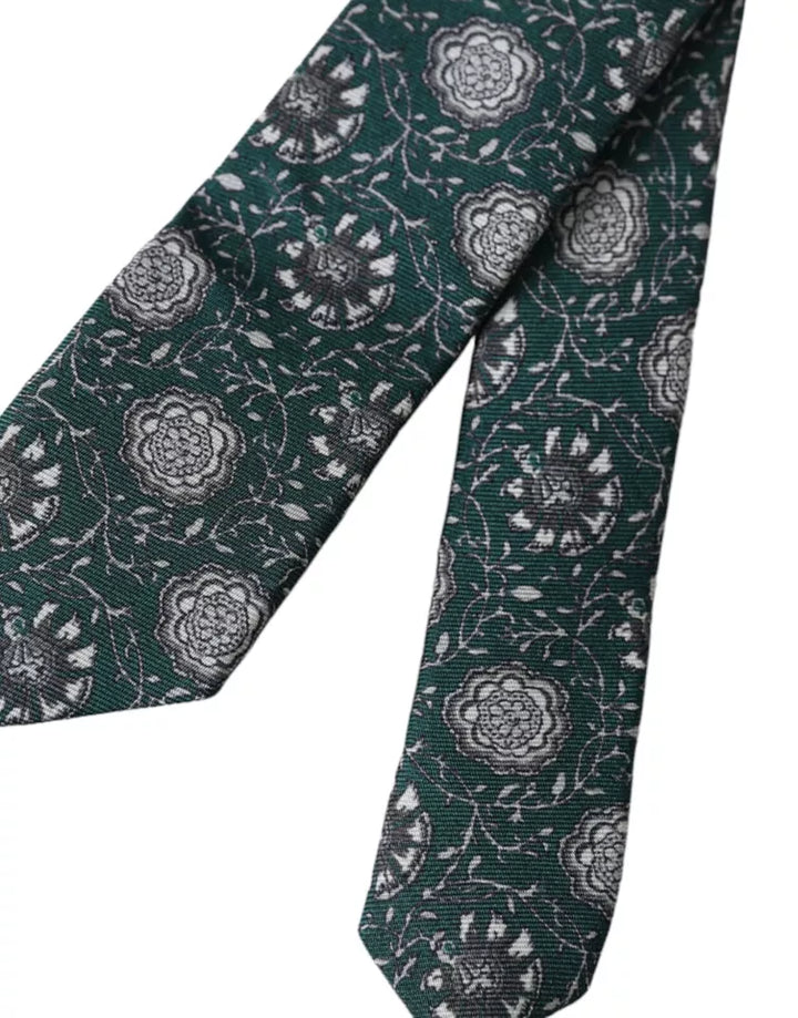 Green silk tie with floral print, adjustable
