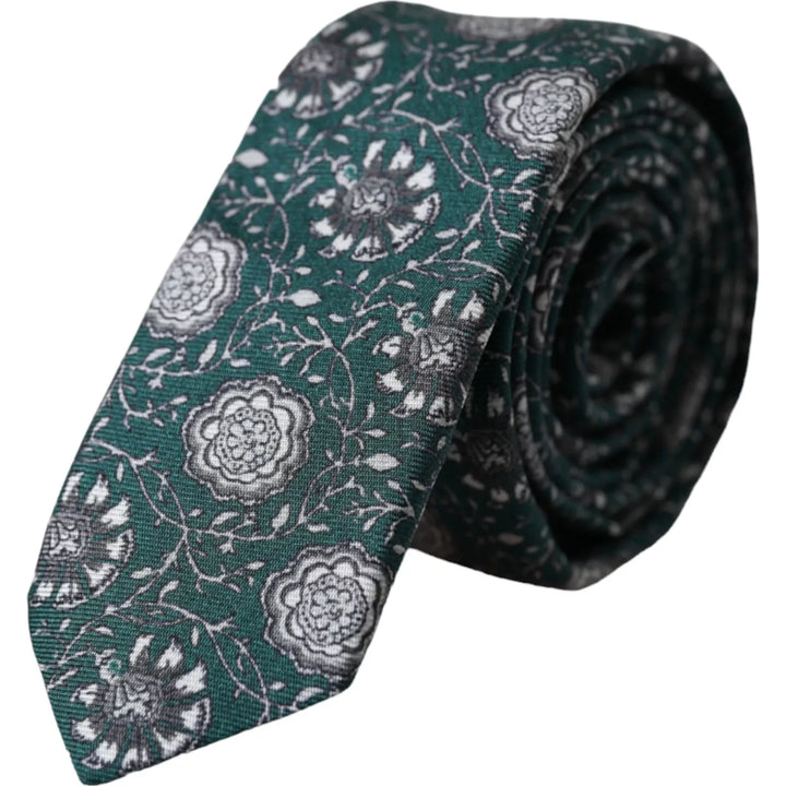 Green silk tie with floral print, adjustable