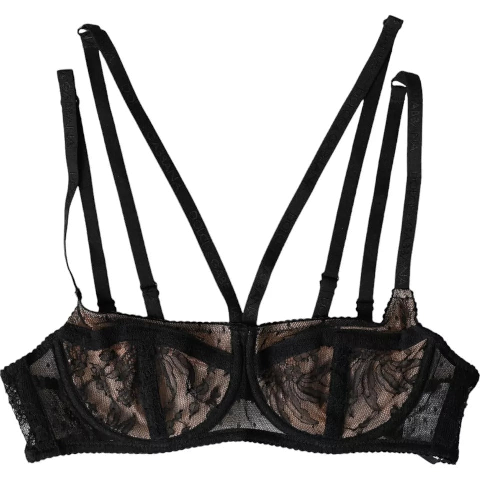 Black floral lace nylon balcony bra underwear