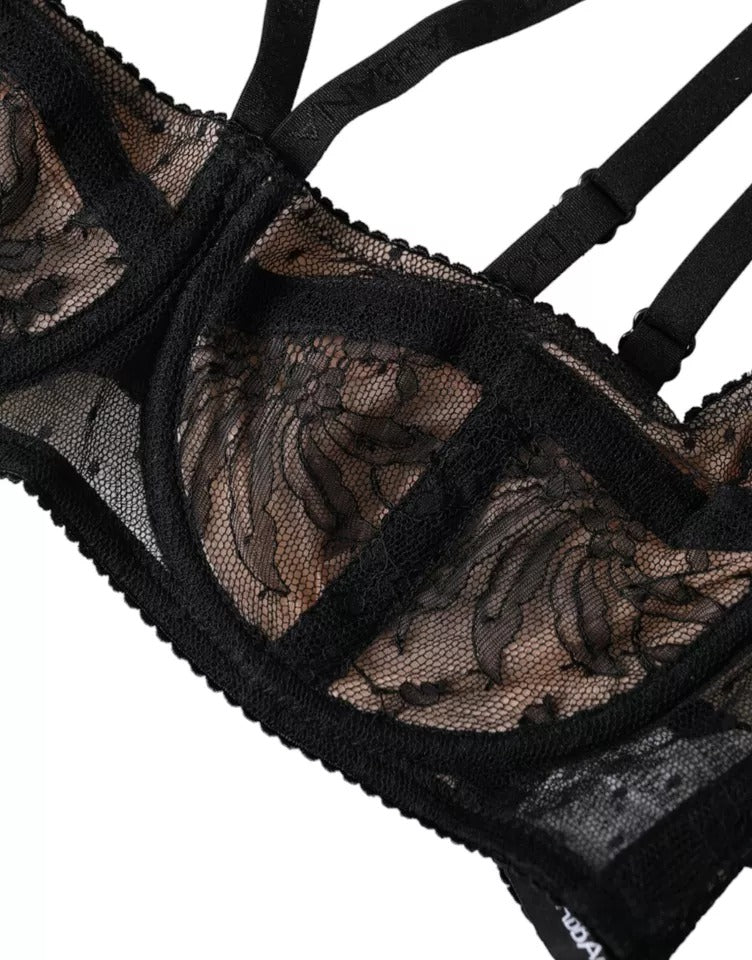 Black floral lace nylon balcony bra underwear