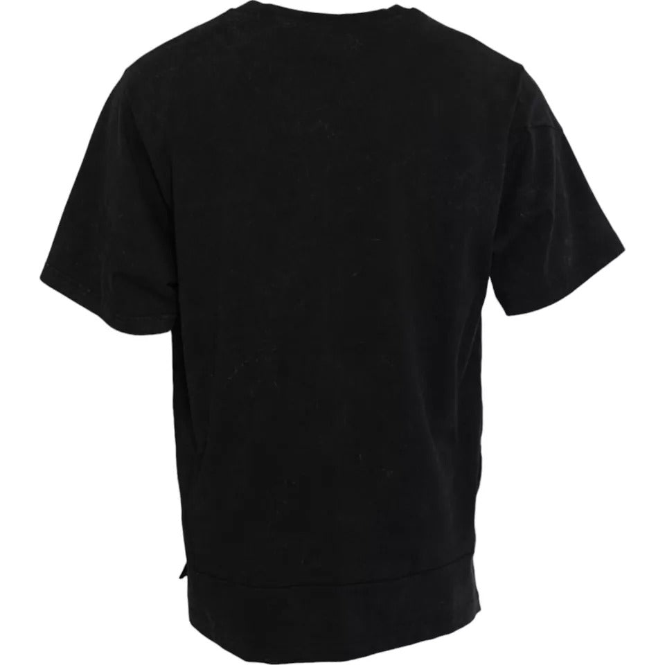 Black cotton crew neck T-shirt with graphic print