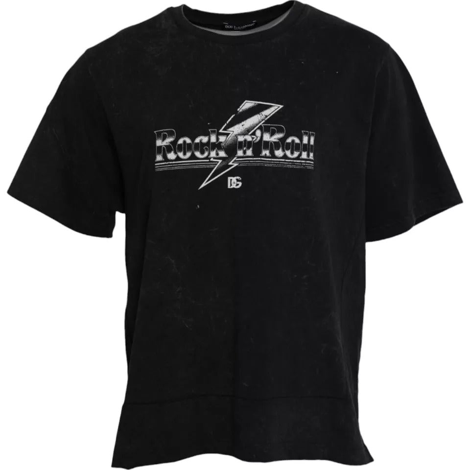 Black cotton crew neck T-shirt with graphic print