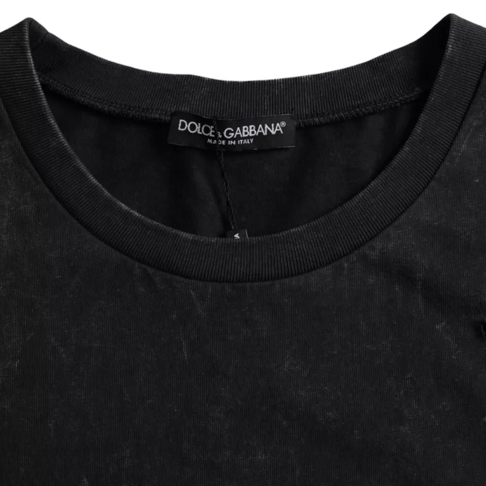 Black cotton crew neck T-shirt with graphic print