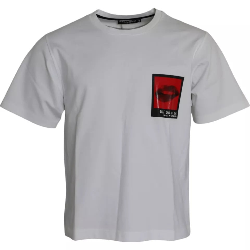 White cotton t-shirt with red lips for men