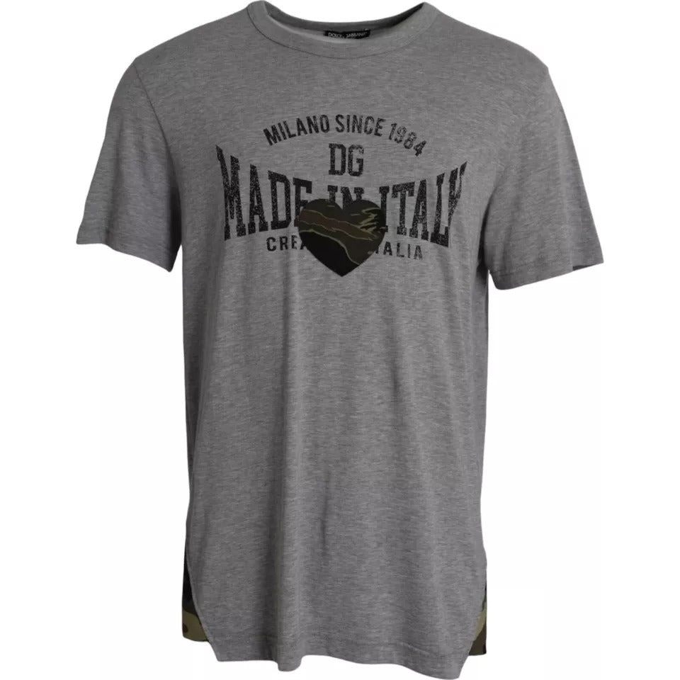 Grey cotton crew neck T-shirt with graphic print