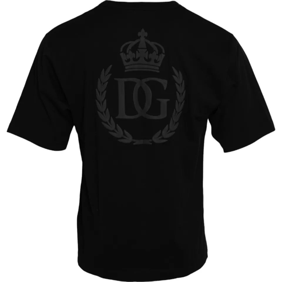 Black round-neck cotton T-shirt with embossed logo