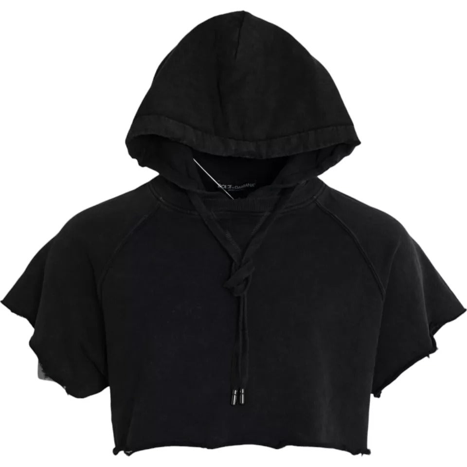 Black cotton T-shirt with hood and short sleeves