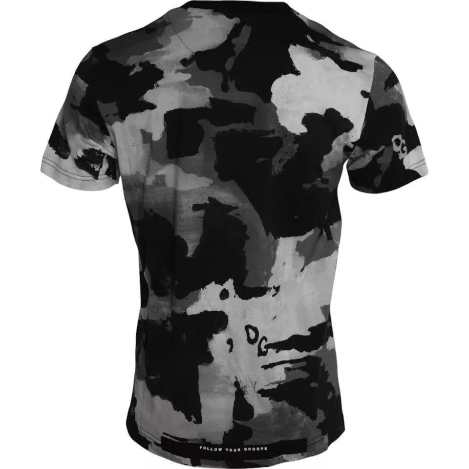 Black and White Camouflage Round Neck T-Shirt