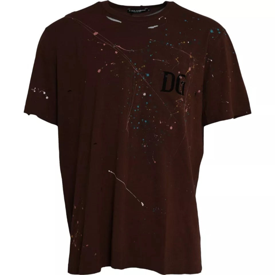 Dolce & Gabbana Braunes T-Shirt mit Rundhalsausschnitt aus Baumwolle mit Farbklecksen