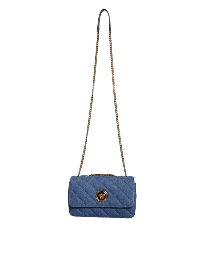 Blue quilted denim leather crossbody shoulder bag