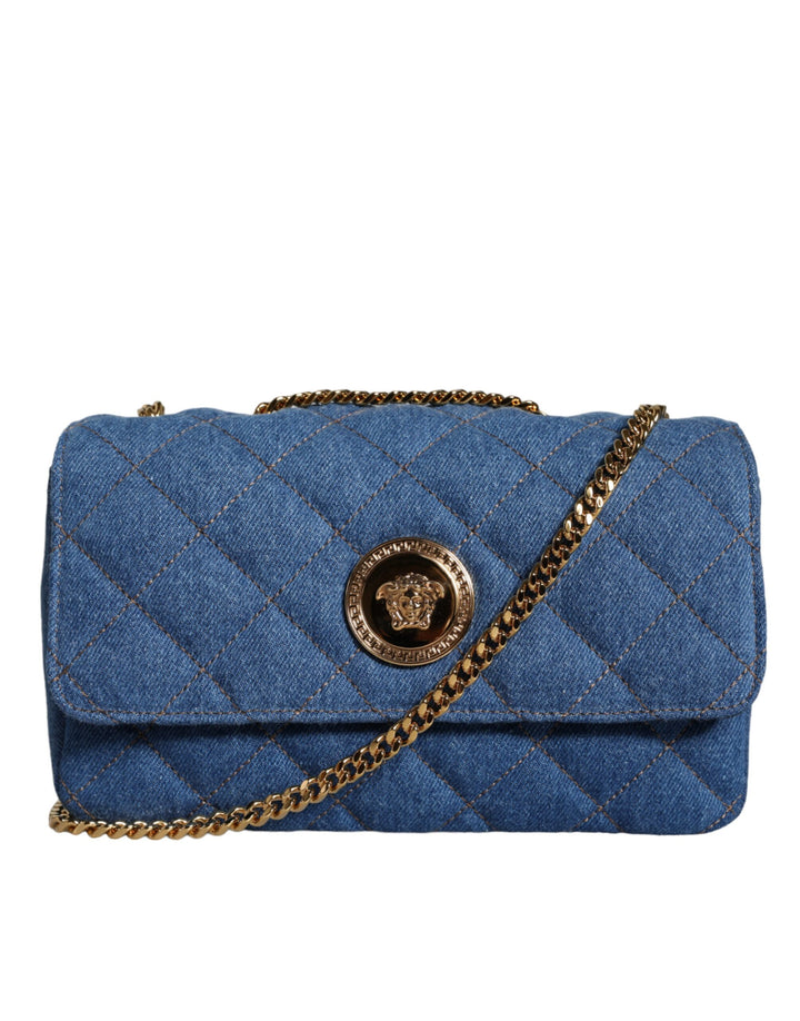 Blue quilted denim leather crossbody shoulder bag