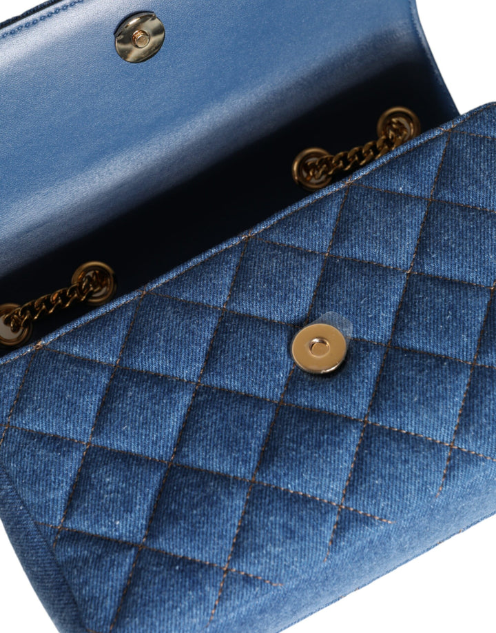 Blue quilted denim leather crossbody shoulder bag