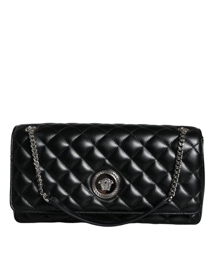 Black quilted lambskin leather crossbody shoulder bag