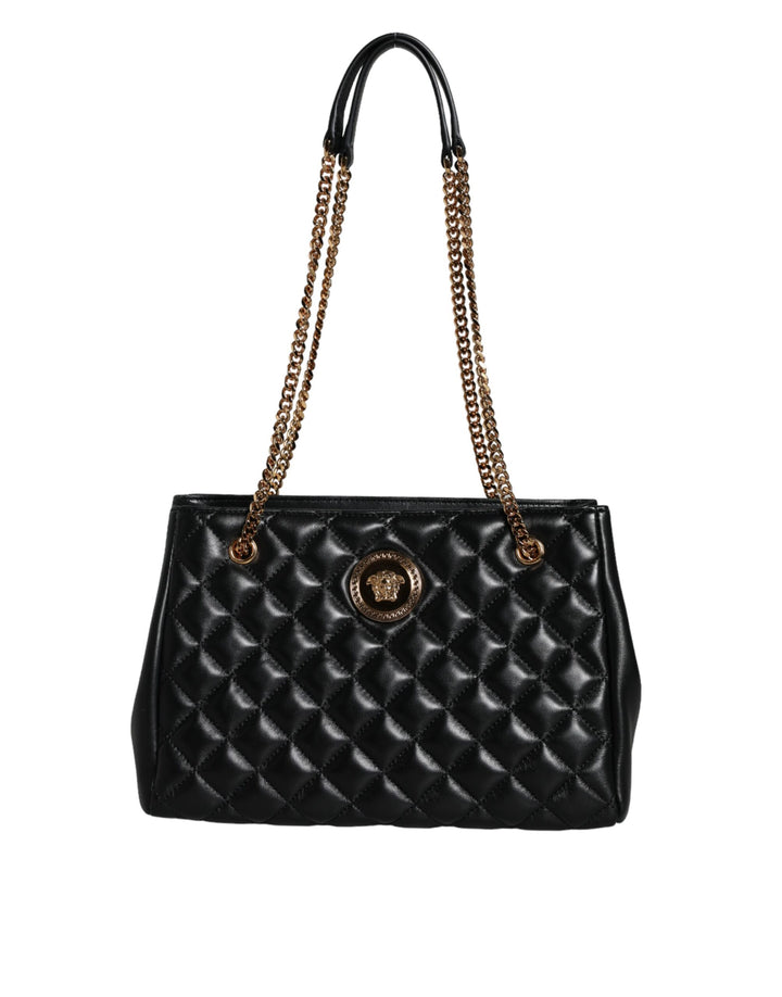 Black quilted nappa leather shoulder bag with chain strap