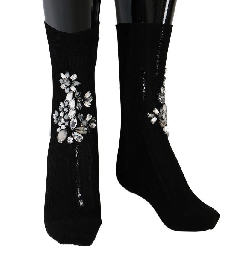 Schwarz gestrickt Floral Clear Crystal Socken