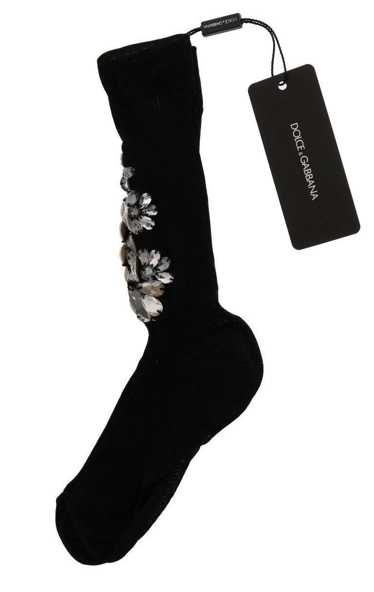Schwarz gestrickt Floral Clear Crystal Socken