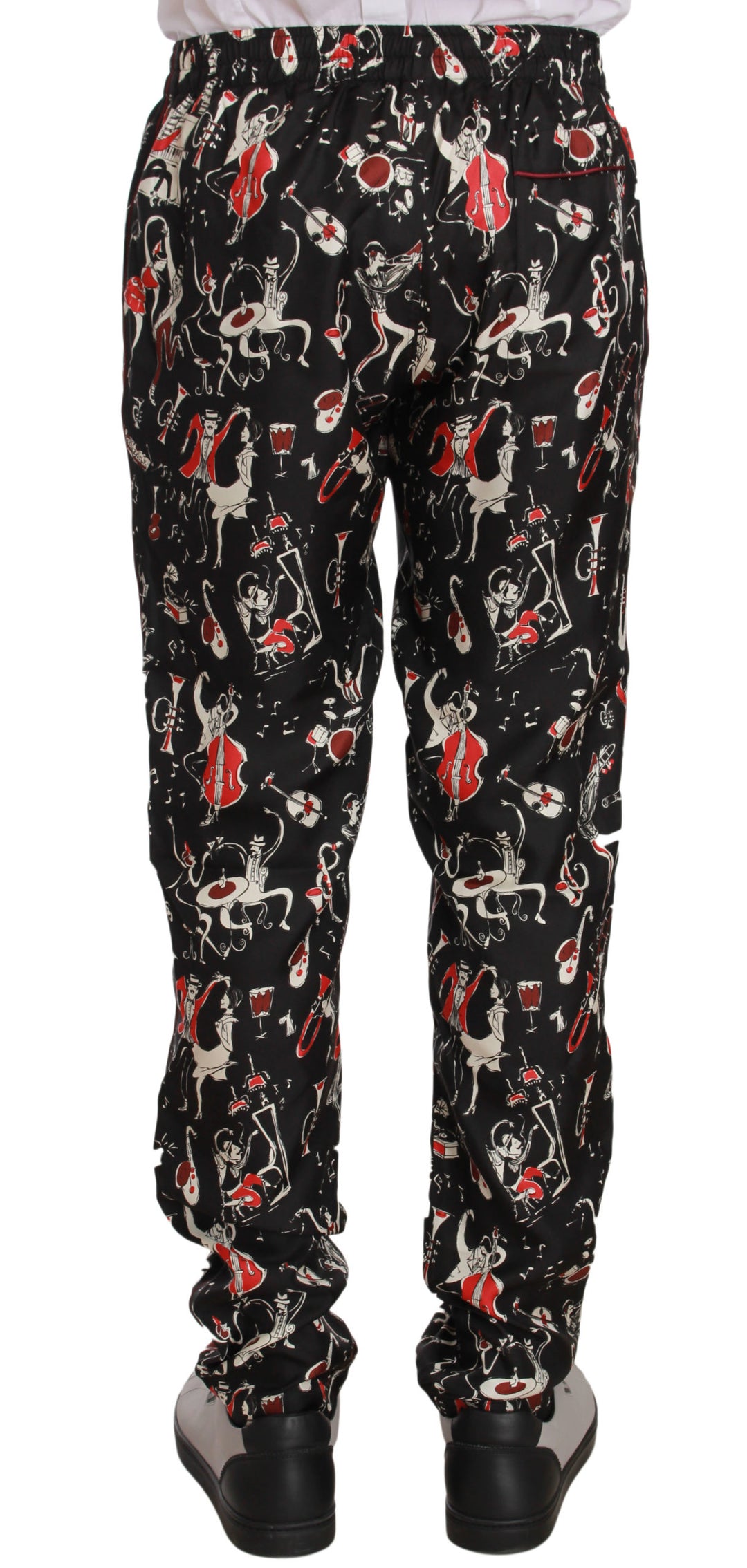 Elegante Lounge-Hose aus schwarzer Seide mit rotem Druck