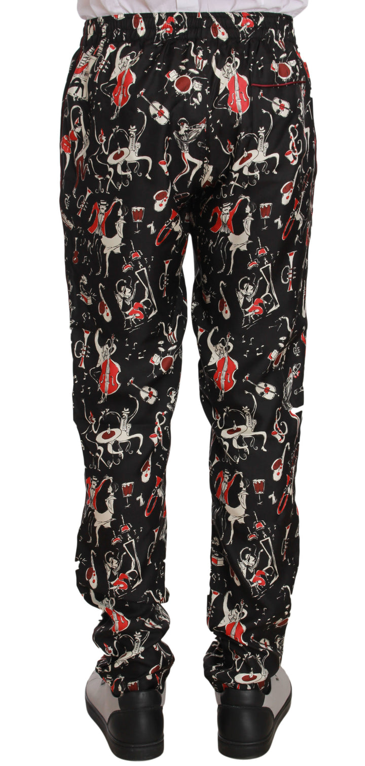 Elegante Lounge-Hose aus schwarzer Seide mit rotem Druck