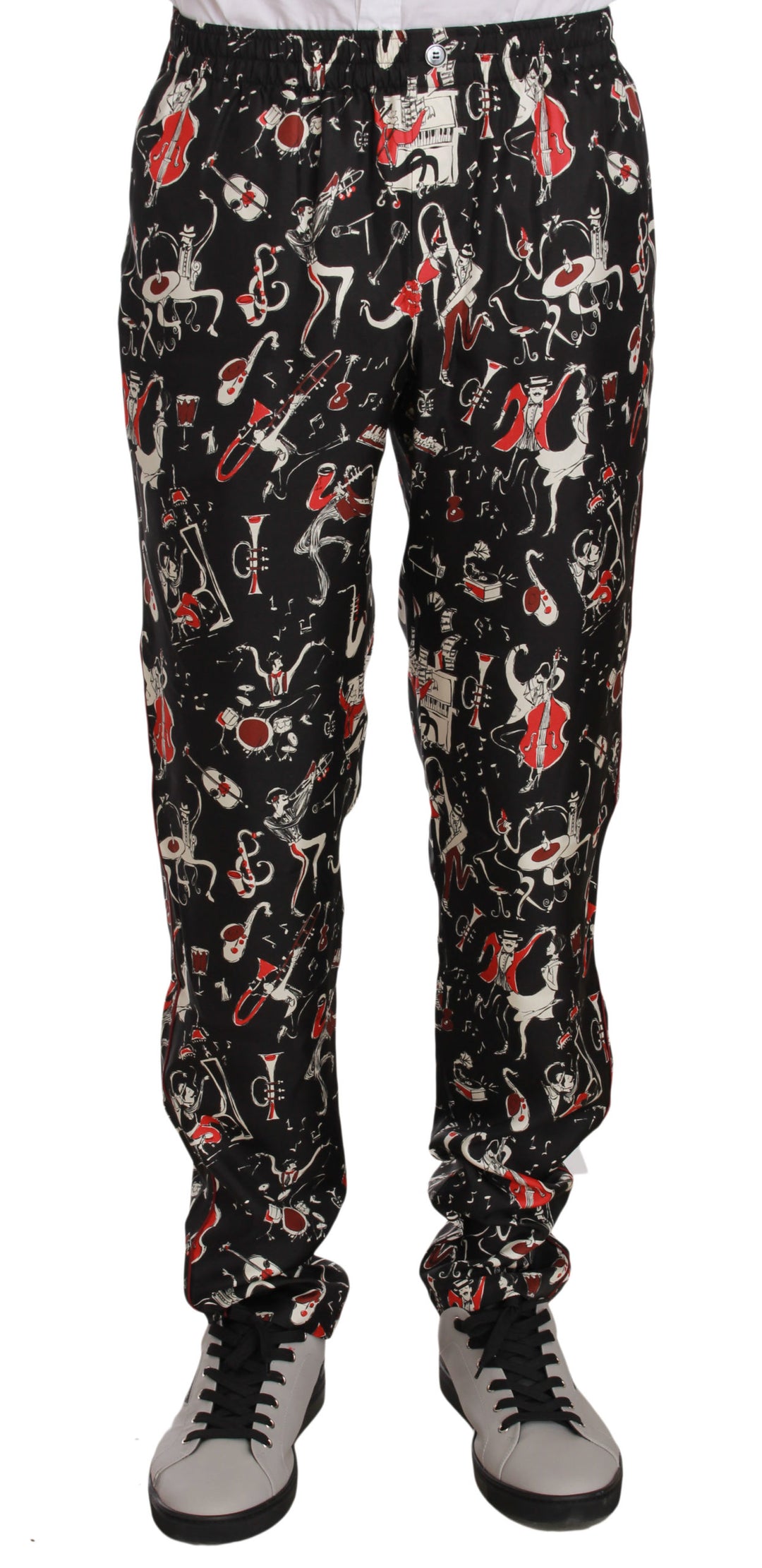 Elegante Lounge-Hose aus schwarzer Seide mit rotem Druck