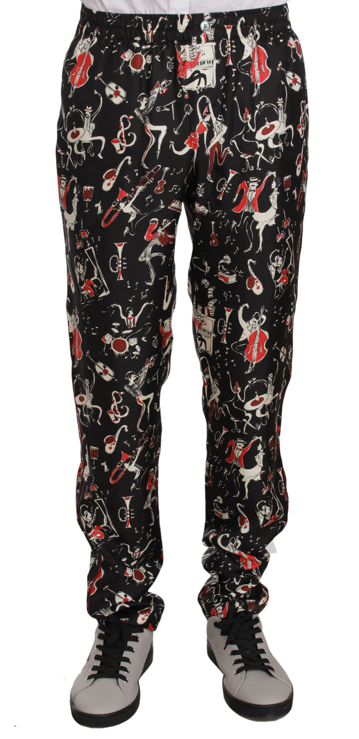 Elegante Lounge-Hose aus schwarzer Seide mit rotem Druck