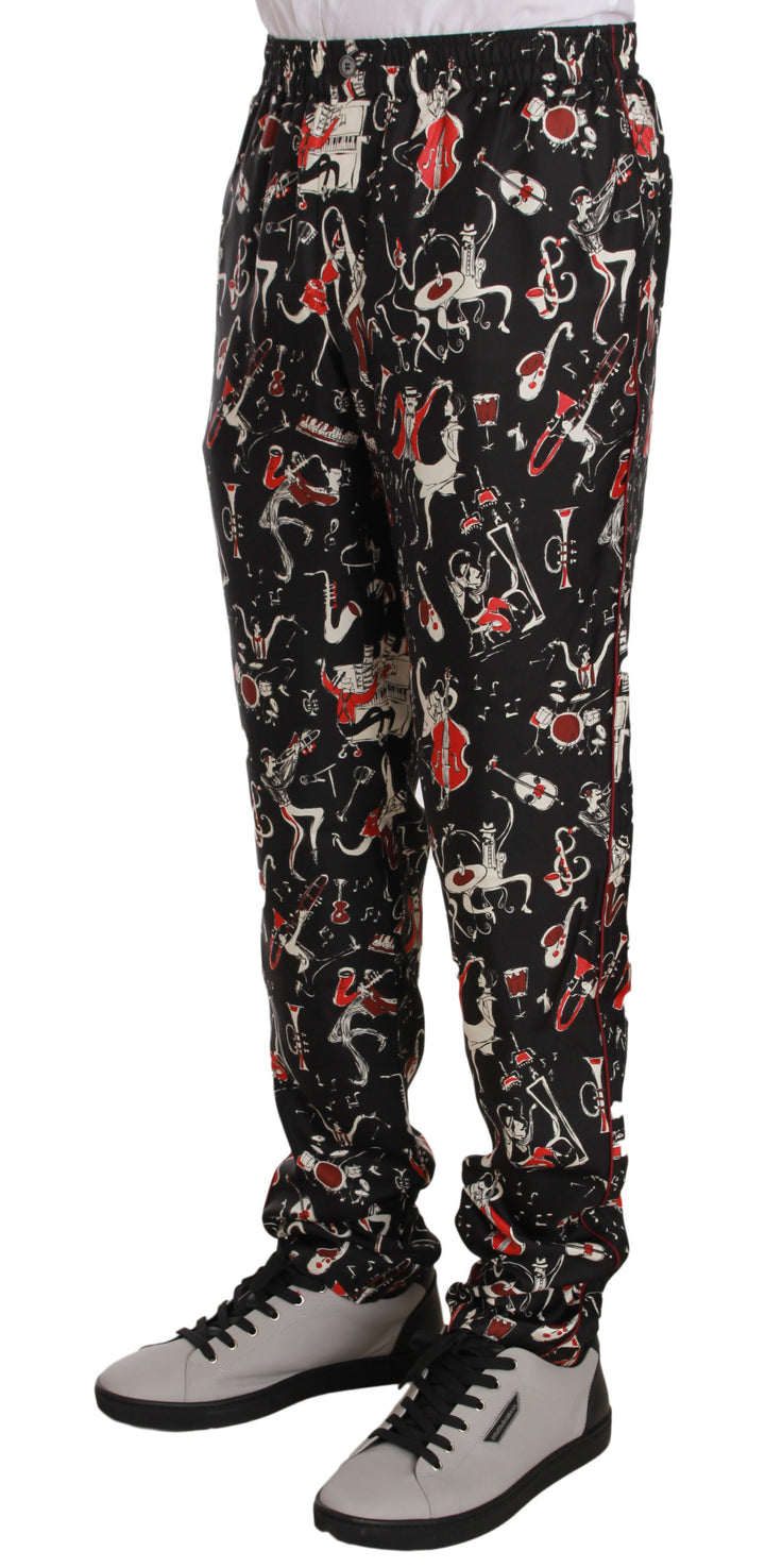 Elegante Lounge-Hose aus schwarzer Seide mit rotem Druck