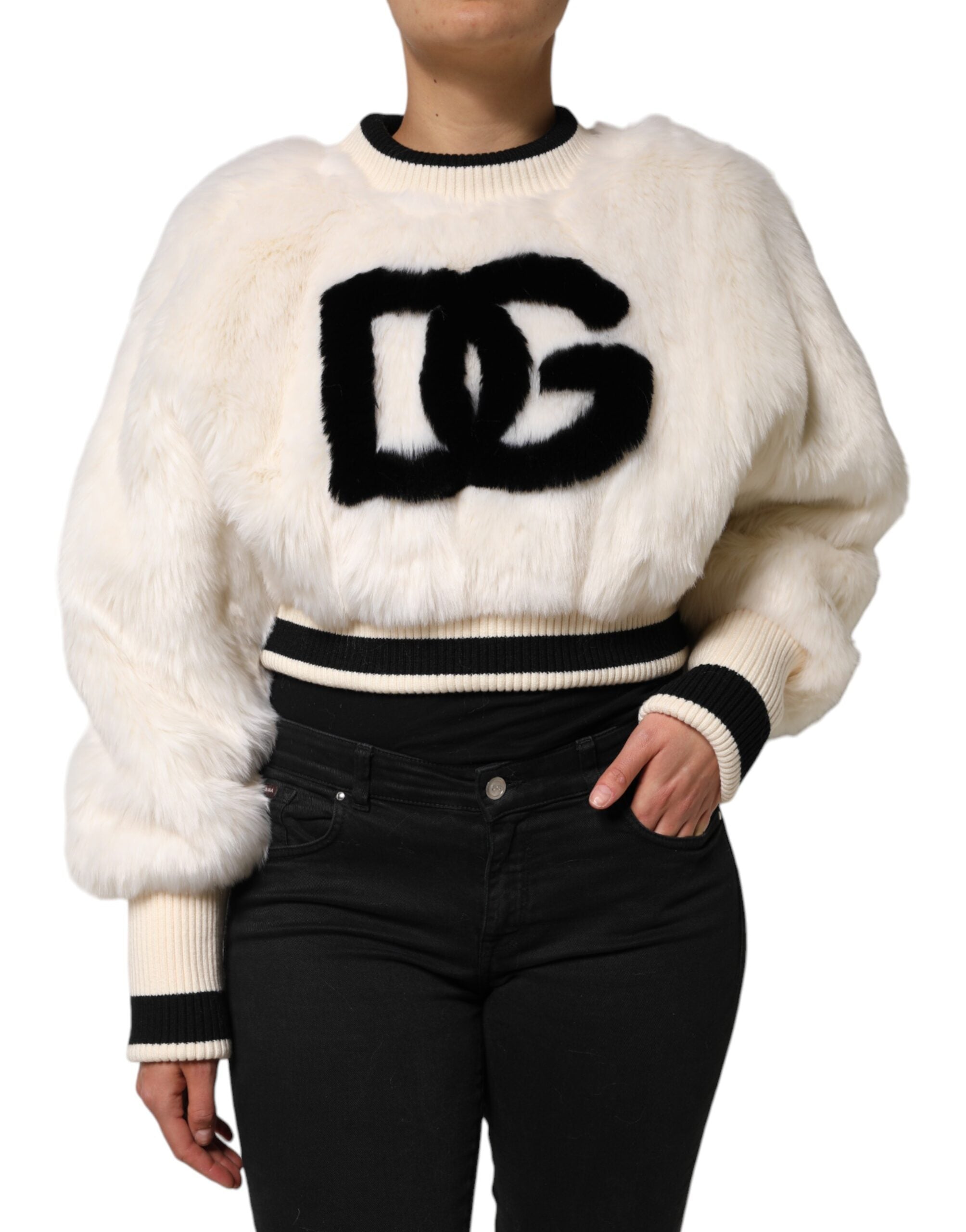 Weißer Cropped DG Sweatshirt Pullover aus Kunstfell