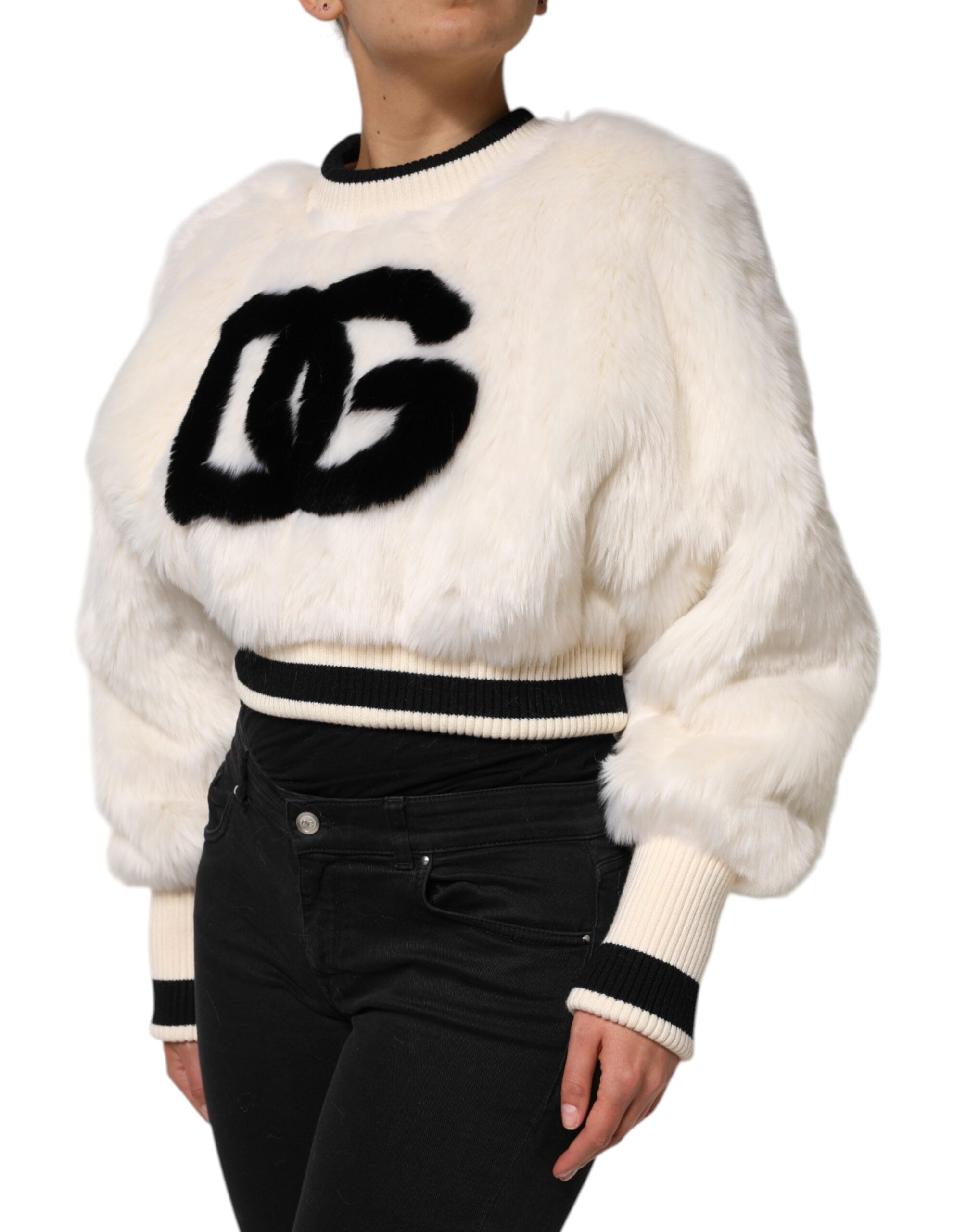 Weißer Cropped DG Sweatshirt Pullover aus Kunstfell