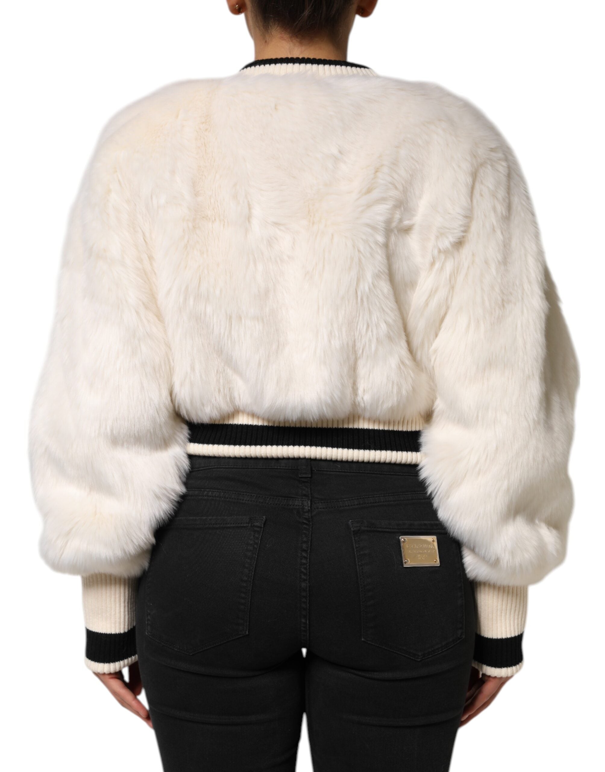 Weißer Cropped DG Sweatshirt Pullover aus Kunstfell