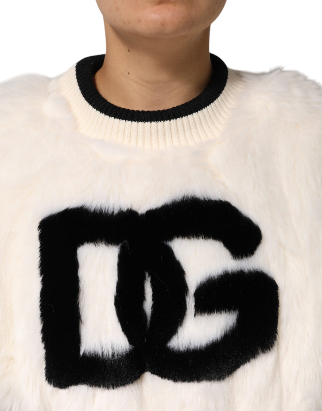 Weißer Cropped DG Sweatshirt Pullover aus Kunstfell