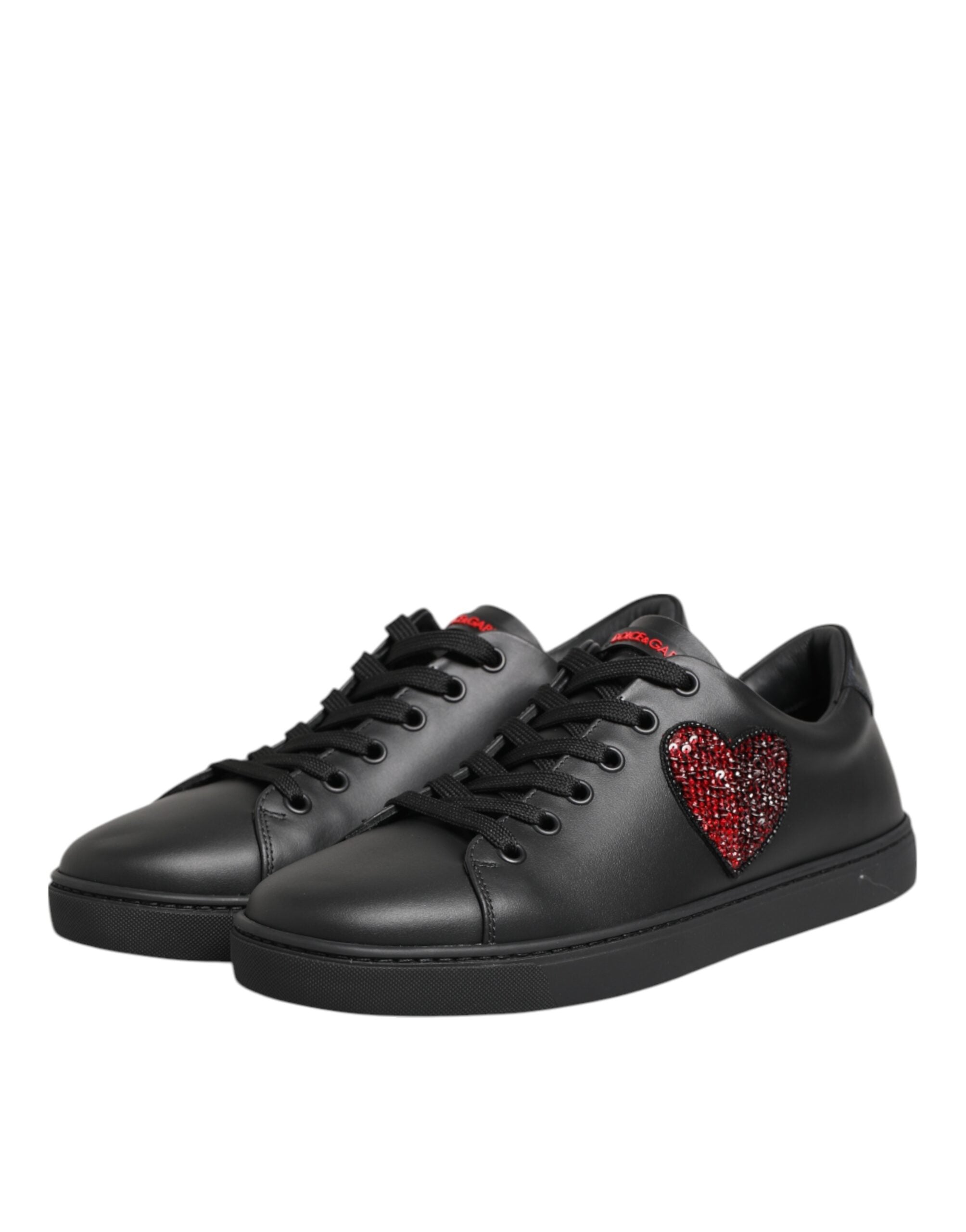 Schwarz Leder Crystal Heart Low Top Sneakers Schuhe